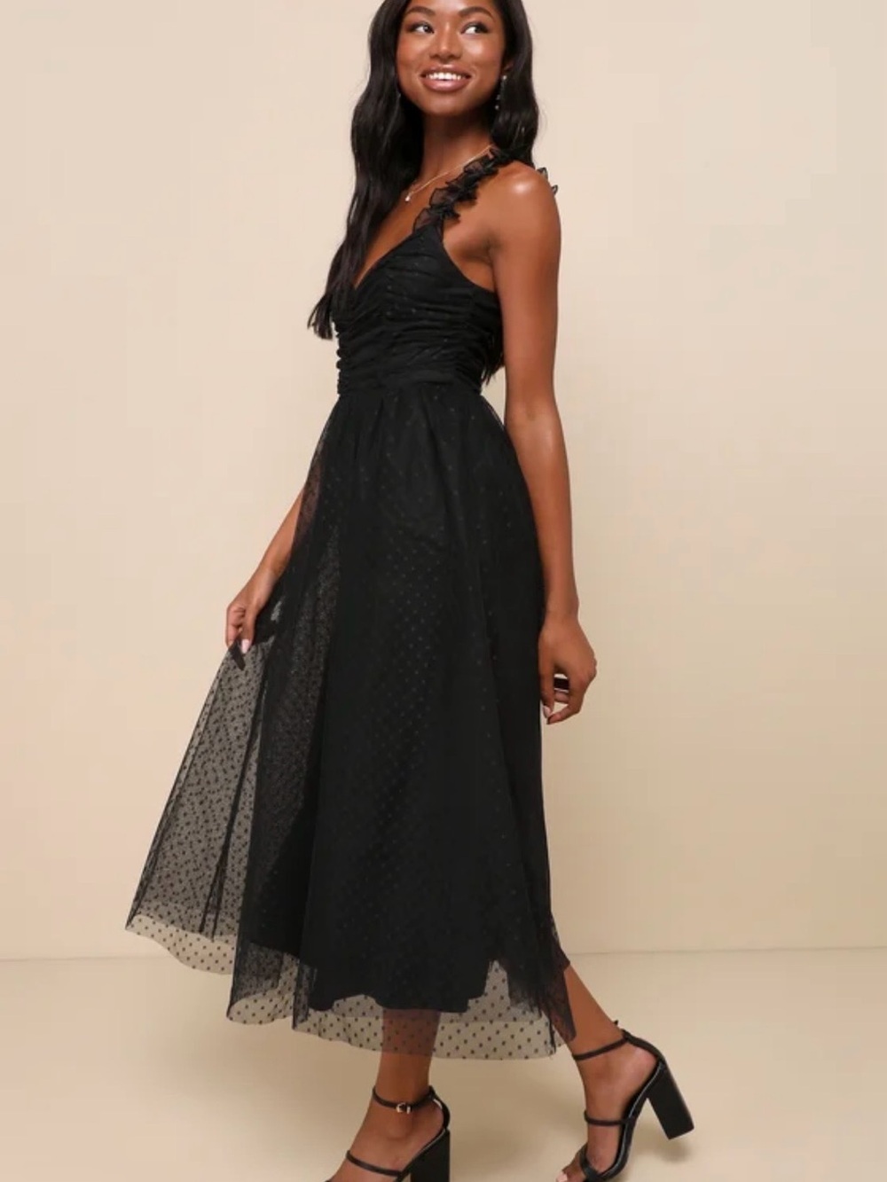 Lulu's Forever celebrated Polka Dot Midi Tulle Dress with Ruffle Straps - Picture 5 of 16